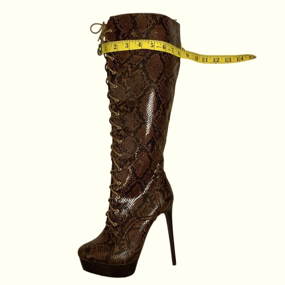 Noela Brown Snakeskin Lace Up Knee High Platform Stiletto Boots Zip Side 7.50 - Picture 9 of 16
